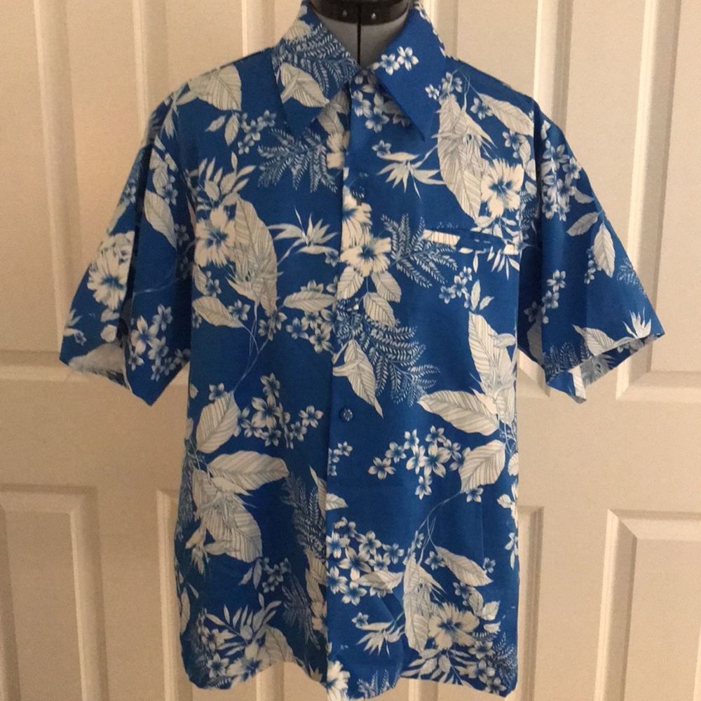 Vintage 70s Hawaii Nei Honolulu Blue White Hawaiian Tropical Print Shirt Si…